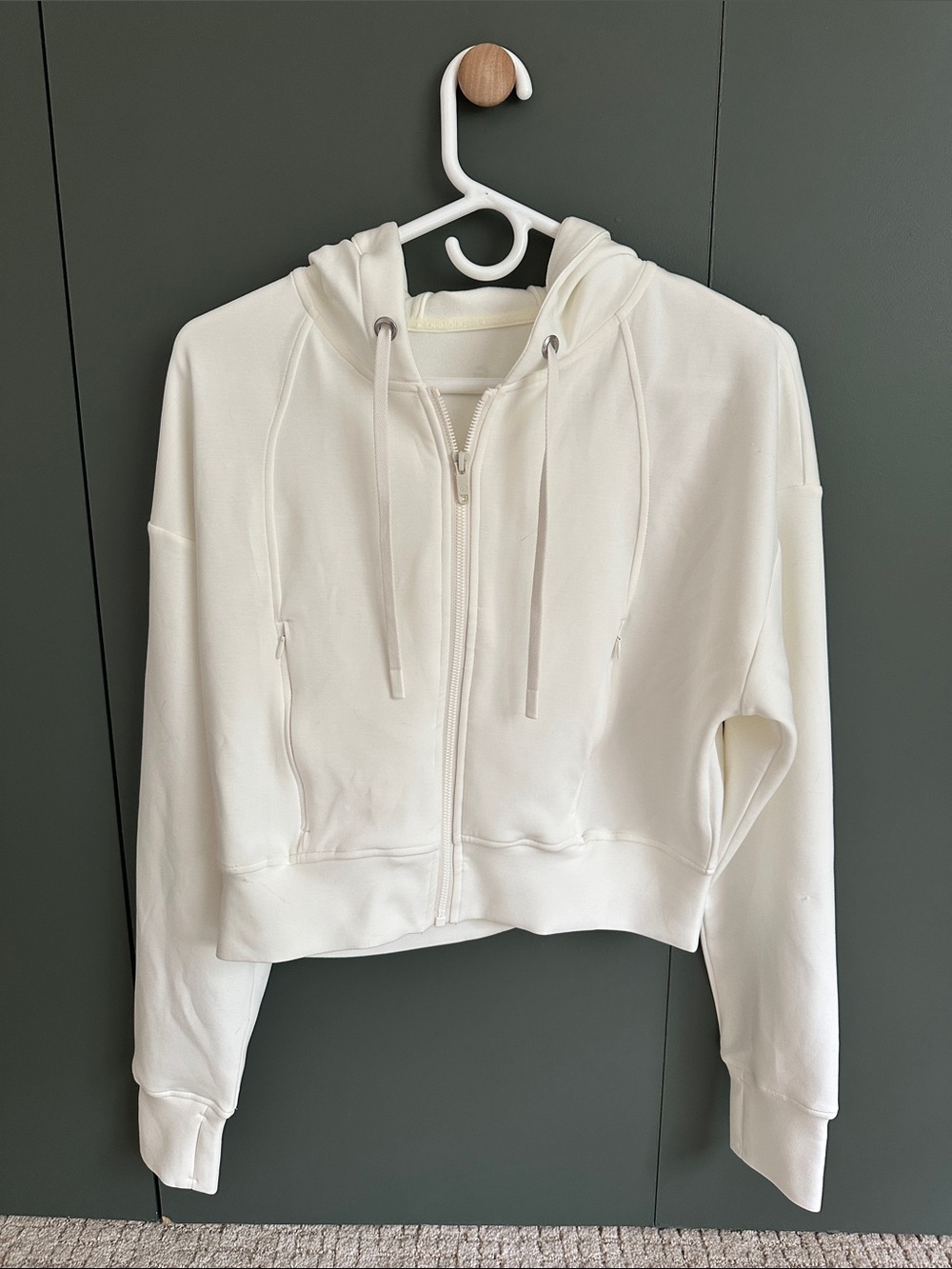 Cropped Cream Zip Hoodie with Drawstring